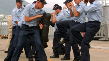 070716-N-0807W-026
SASEBO, Japan (July 16, 2007) - Sailors from mine warfare ship USS Guardian (MCM 5) learn defensive scenario drills for a required security reaction force basic course. During this phase of training, watch standers are taught techniques that allow them to defend the ship against intruders threatening the safety of the ship and Sailors. Basic weapon familiarization was covered along with non-lethal means of incapacitating terrorists or other personnel who attempt to infiltrate the ship. Guardian serves under Task Force 76, which serves as the 7th FleetÕs mine countermeasures arm in forward-deployed operations. U.S. Navy photo by Mass Communication Specialist 2nd Class Joshua J. Wahl (RELEASED)